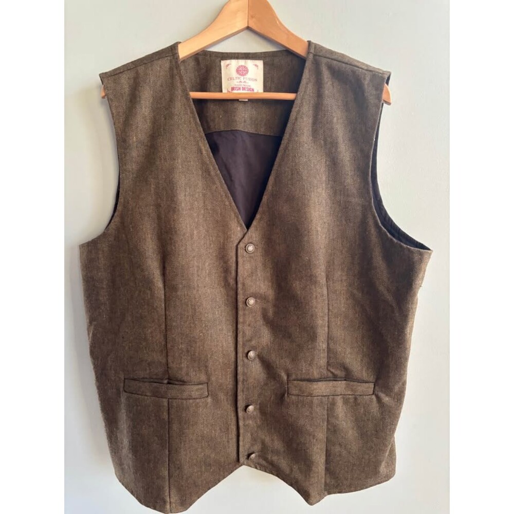 Celtic Fusion Men’s Tweed Waistcoat | Handmade Irish Design Brown Herringbone Ve